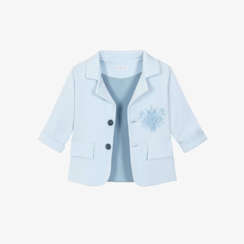 Sofija-Boys Blue & White Cotton Jersey Monogram Logo Suit | Childrensalon