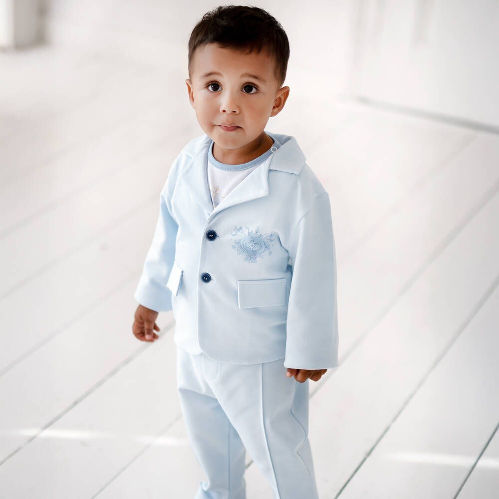 Sofija-Boys Blue & White Cotton Jersey Monogram Logo Suit | Childrensalon