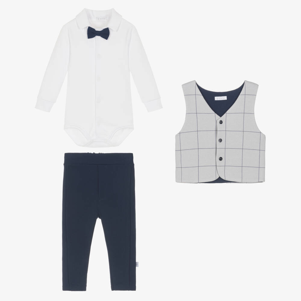 Sofija-Boys Grey & Navy Blue Piqué Waistcoat Suit | Childrensalon