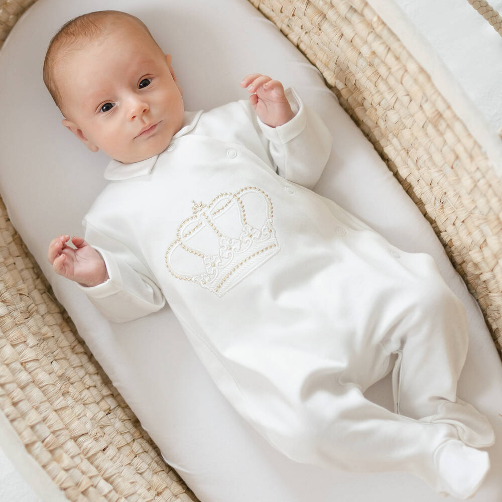 Sofija-Boys Ivory Cotton Crown Babygrow | Childrensalon