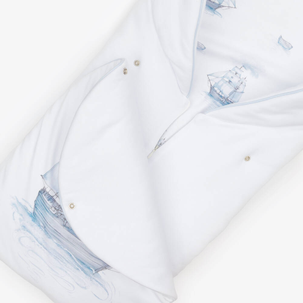 Sofija-Boys Pale Blue Cotton Sailing Ship Print Nest (65cm) | Childrensalon