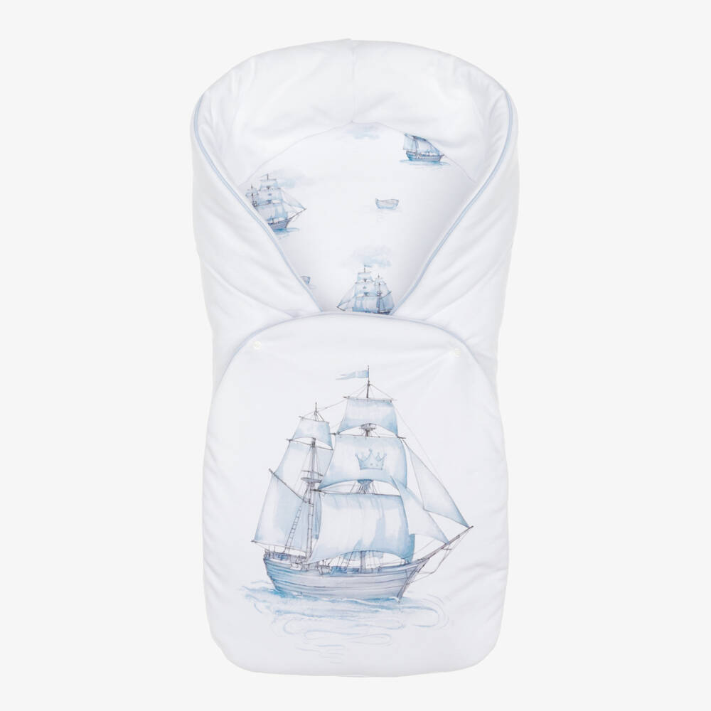Sofija-Boys Pale Blue Cotton Sailing Ship Print Nest (65cm) | Childrensalon