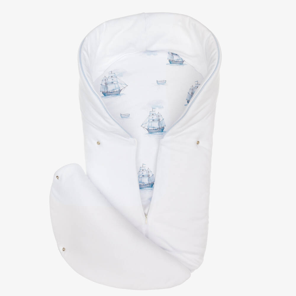 Sofija-Boys Pale Blue Cotton Sailing Ship Print Nest (65cm) | Childrensalon