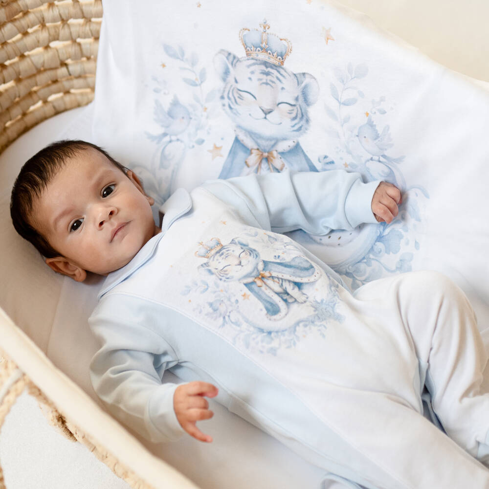 Sofija-Boys Pale Blue Cotton Tiger Print Babygrow | Childrensalon