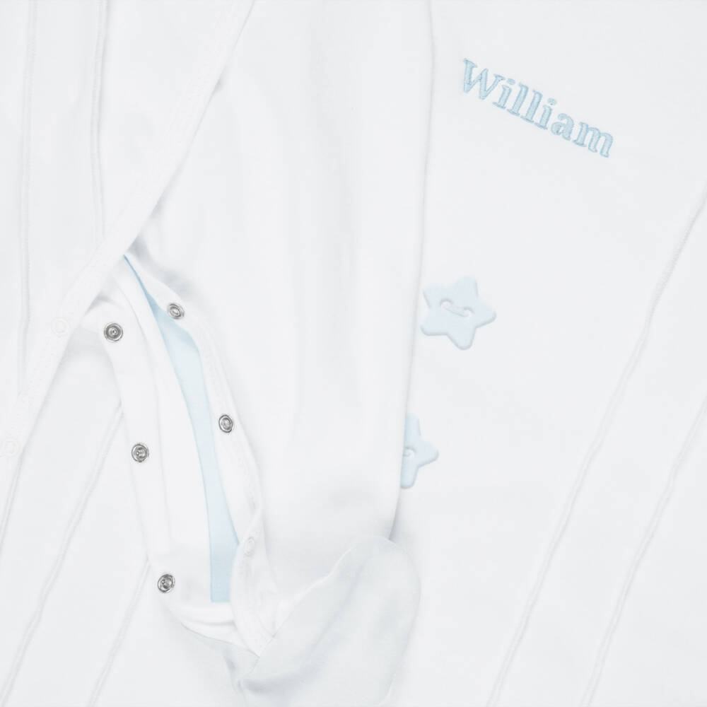 Sofija-Boys Personalised White & Blue Cotton Babysuit Set | Childrensalon