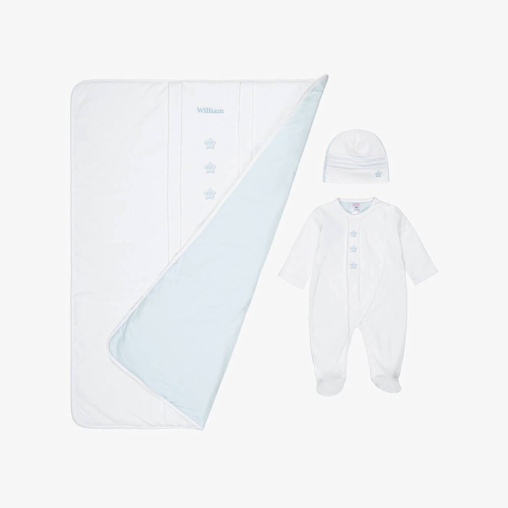 Sofija-طقم أفارول بيبي غرو قطن لون أبيض وأزرق للأولاد الرضع | Childrensalon