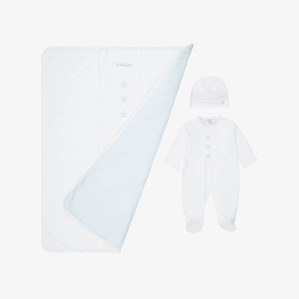 Sofija-Boys Personalised White & Blue Cotton Babysuit Set | Childrensalon