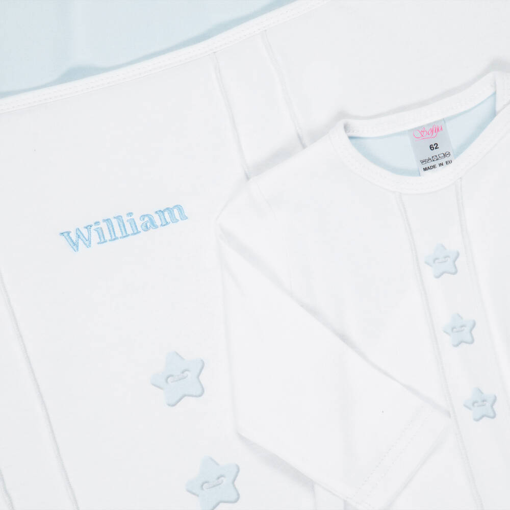 Sofija-Boys Personalised White & Blue Cotton Babysuit Set | Childrensalon