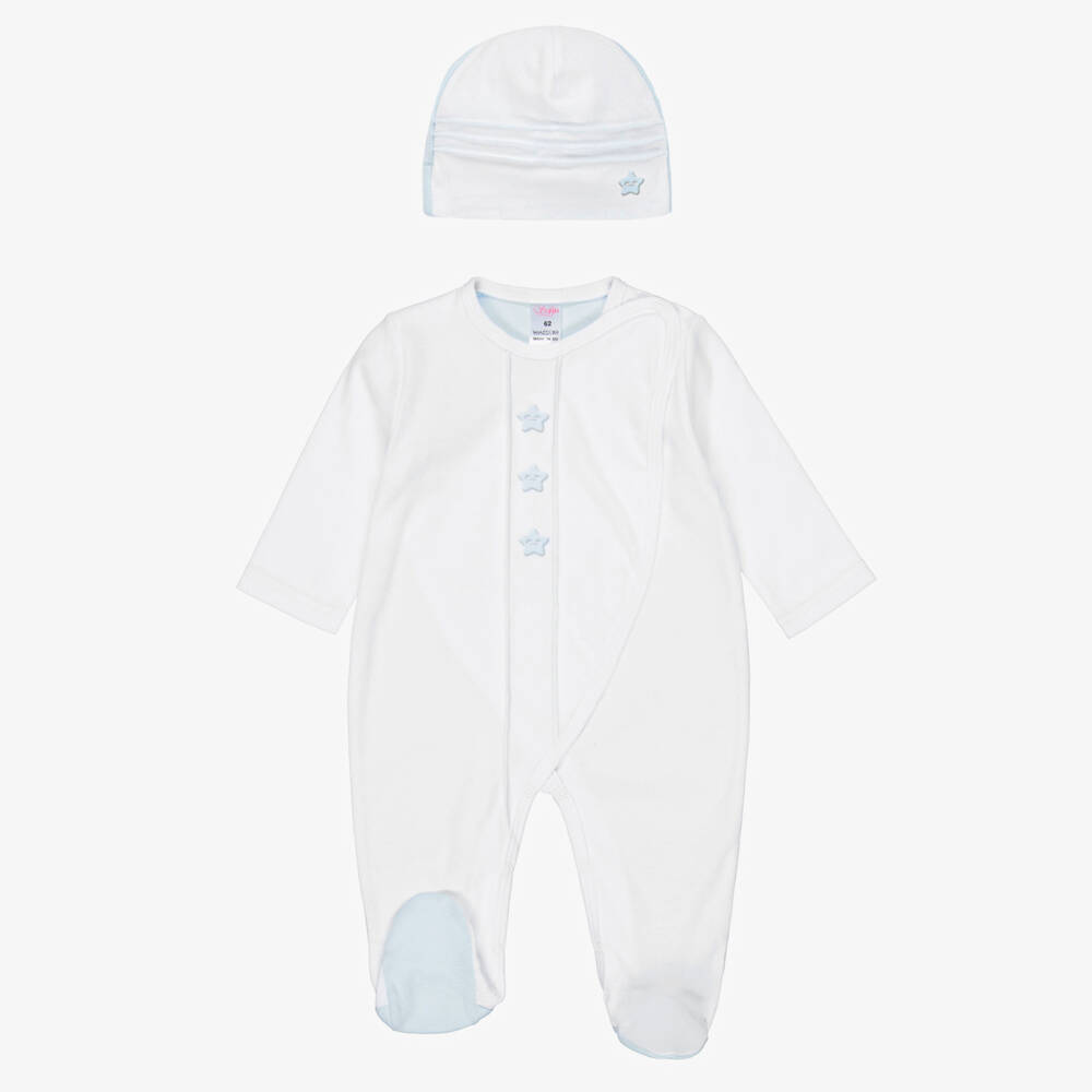 Sofija-Boys Personalised White & Blue Cotton Babysuit Set | Childrensalon