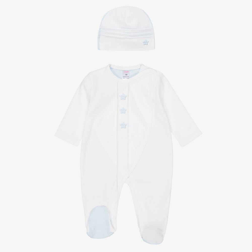 Sofija-Boys Personalised White & Blue Cotton Babysuit Set | Childrensalon