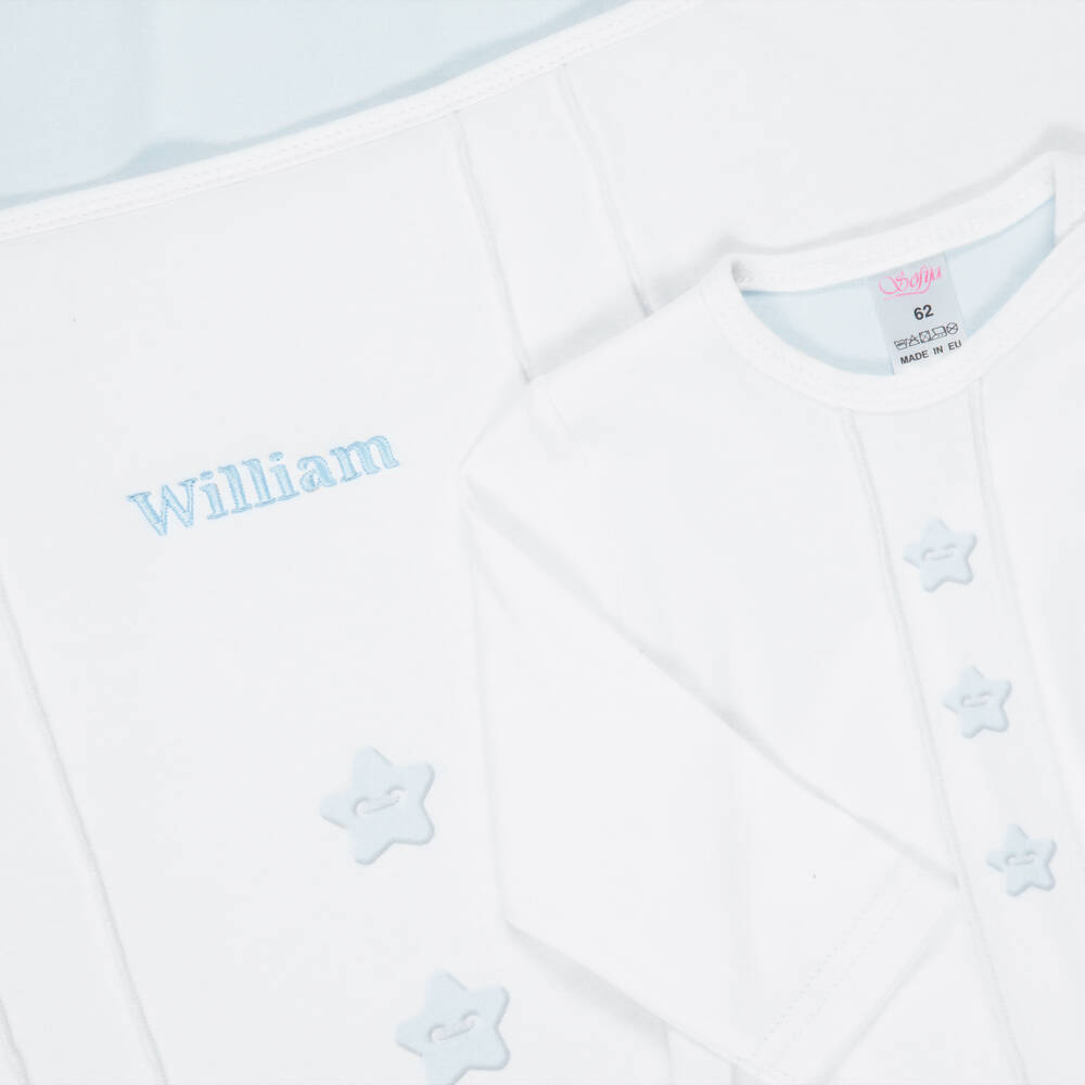 Sofija-Boys Personalised White & Blue Cotton Babysuit Set | Childrensalon