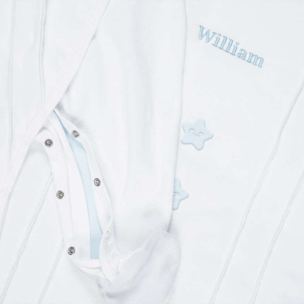 Sofija-Boys Personalised White & Blue Cotton Babysuit Set | Childrensalon