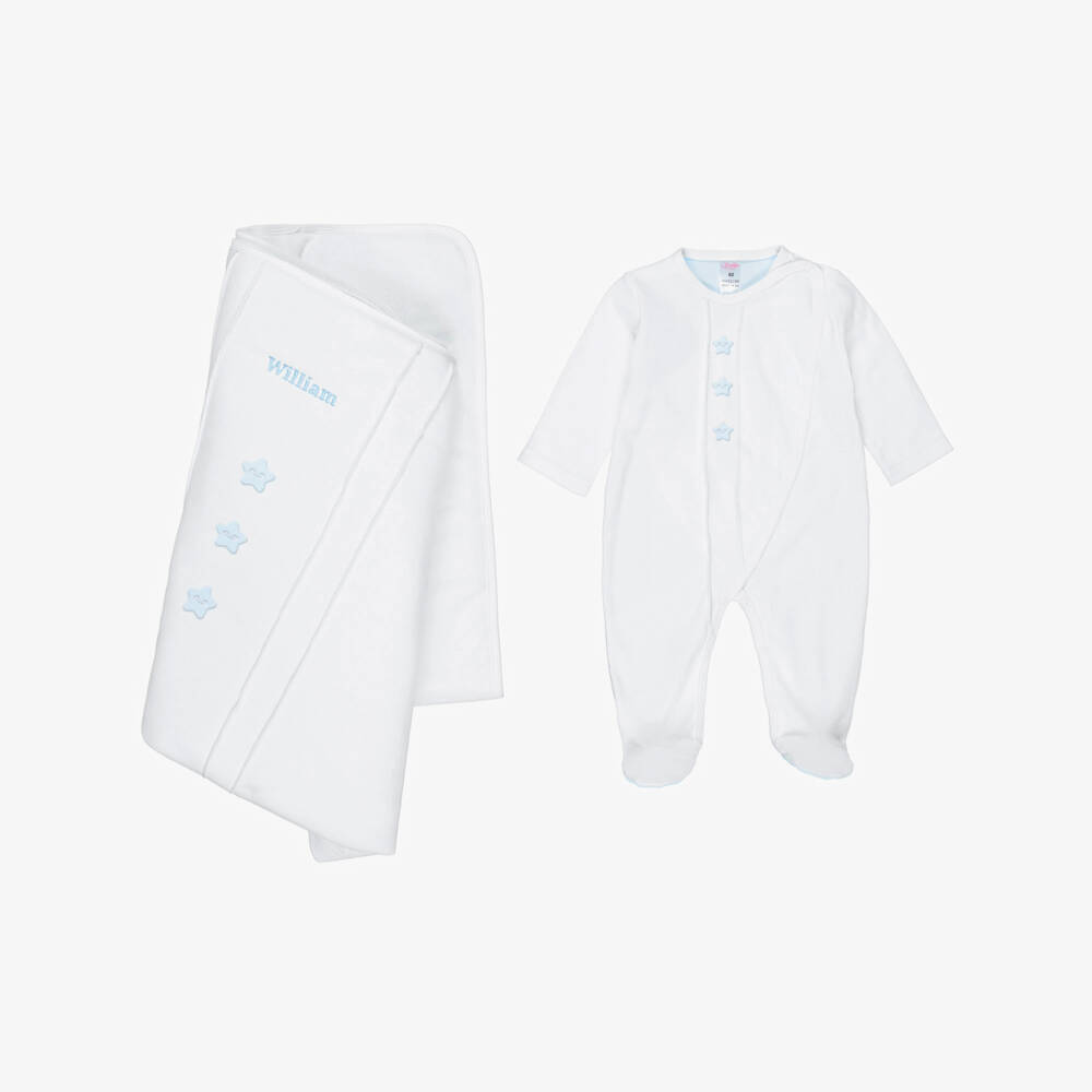 Sofija-Boys Personalised White & Blue Cotton Babysuit Set | Childrensalon