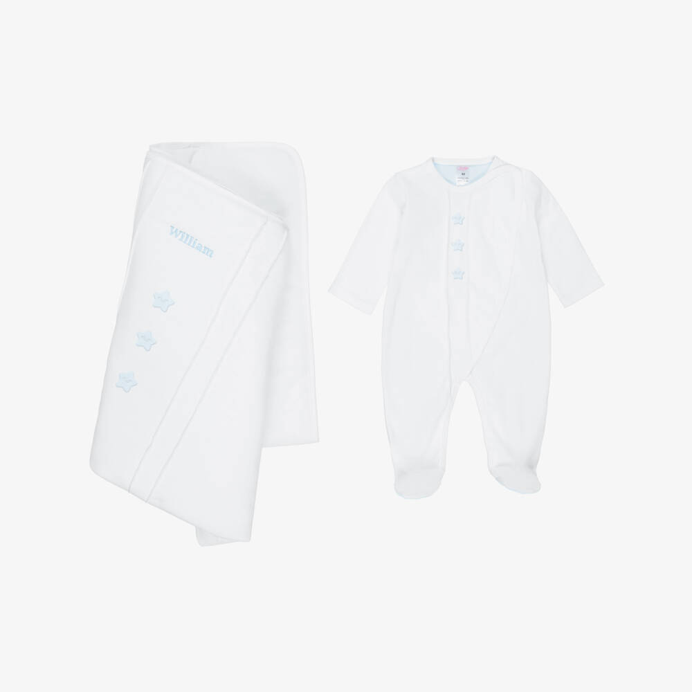 Sofija-Boys Personalised White & Blue Cotton Babysuit Set | Childrensalon