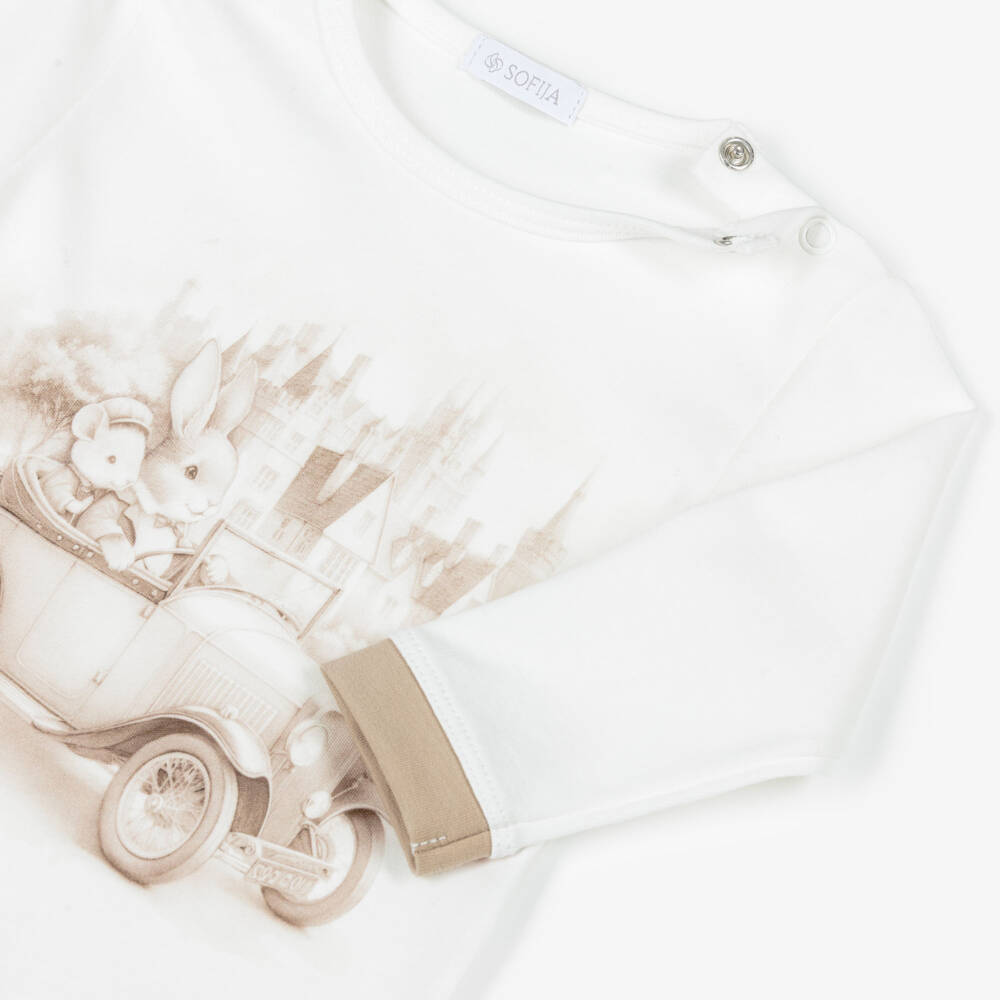 Sofija-Boys White & Beige Vintage Car Trouser Set | Childrensalon