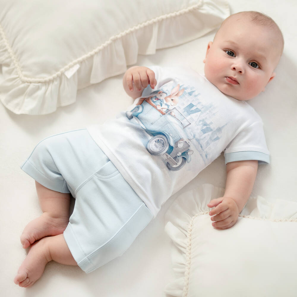 Sofija-Boys White & Blue Cotton Bunny Rabbit Shorts Set | Childrensalon