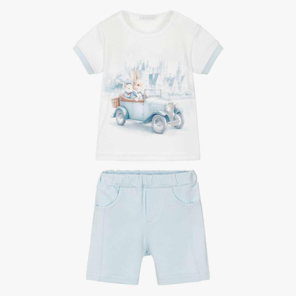 Sofija-Boys White & Blue Cotton Bunny Rabbit Shorts Set | Childrensalon
