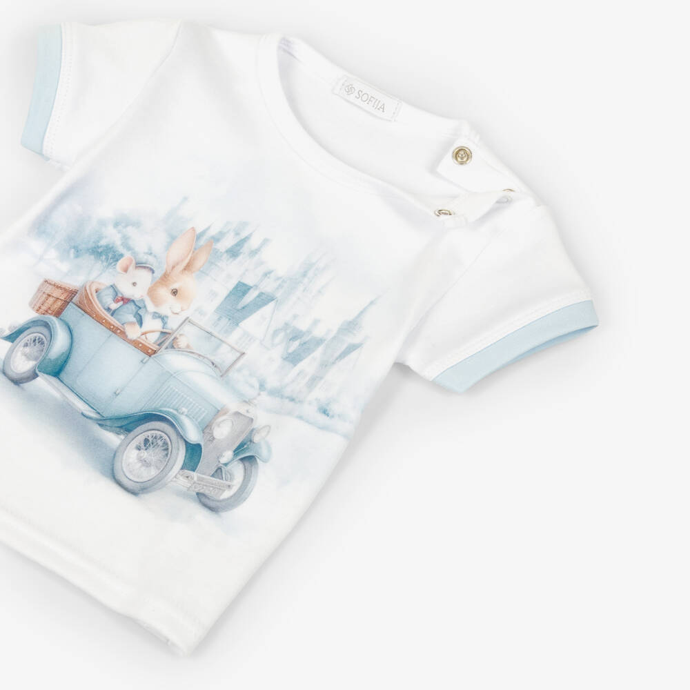 Sofija-Boys White & Blue Cotton Bunny Rabbit Shorts Set | Childrensalon