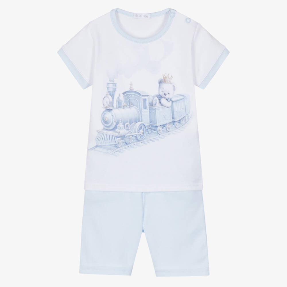 Sofija-Boys White & Blue Cotton Shorts Set with Teddy Bear Print | Childrensalon