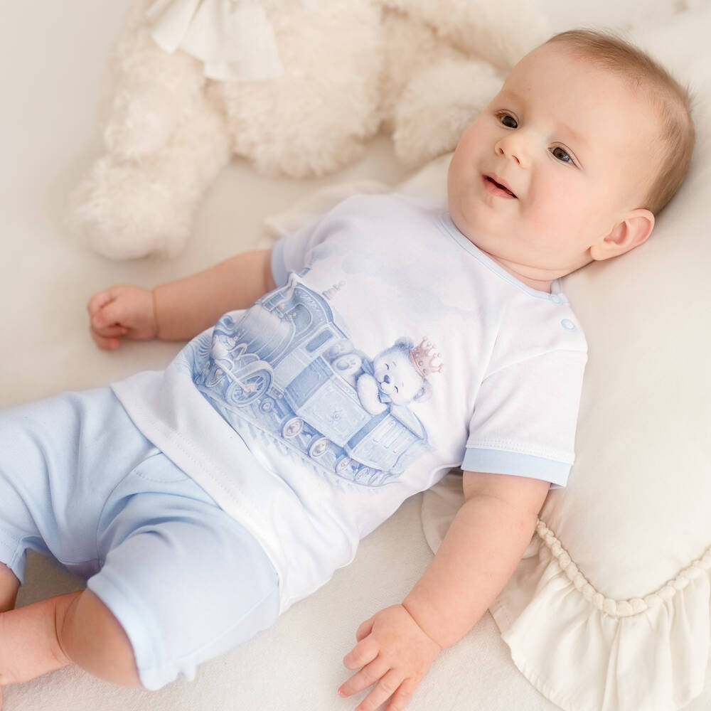 Sofija-Boys White & Blue Cotton Shorts Set with Teddy Bear Print | Childrensalon
