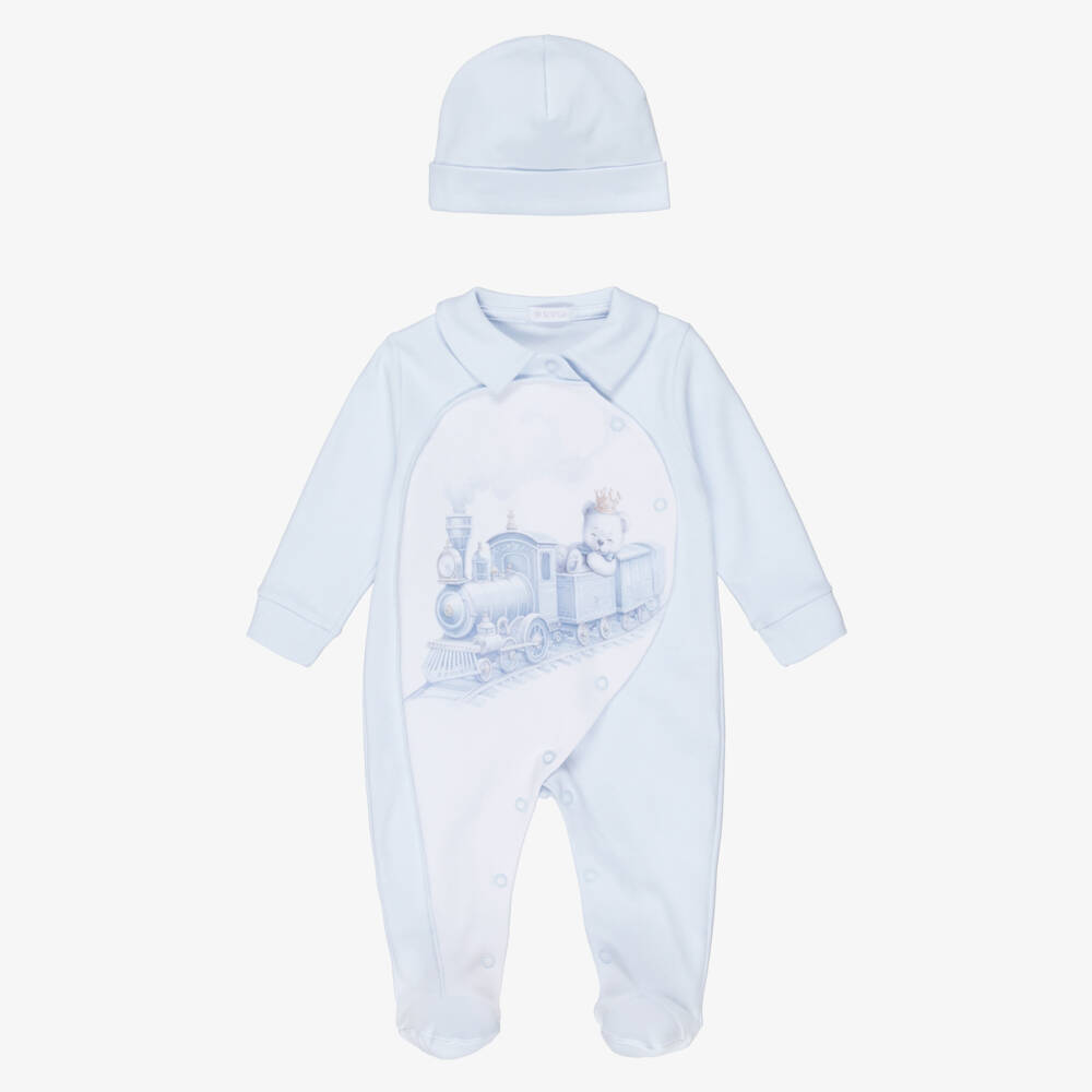 Sofija-Boys White & Blue Cotton Teddy Print Babygrow Set | Childrensalon