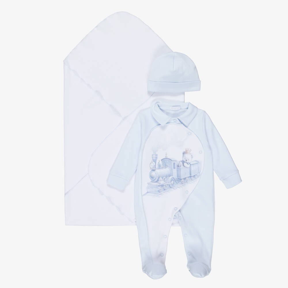 Sofija-Boys White & Blue Cotton Teddy Print Babygrow Set | Childrensalon