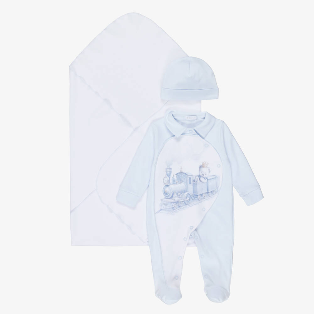 Sofija-Boys White & Blue Cotton Teddy Print Babygrow Set | Childrensalon