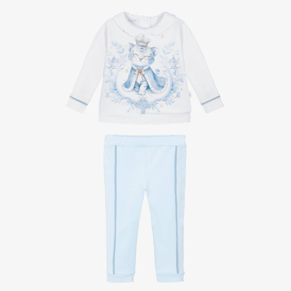 Sofija-Boys White & Blue Cotton Tiger Print Trouser Set | Childrensalon