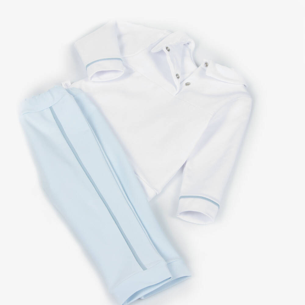 Sofija-Boys White & Blue Cotton Tiger Print Trouser Set | Childrensalon