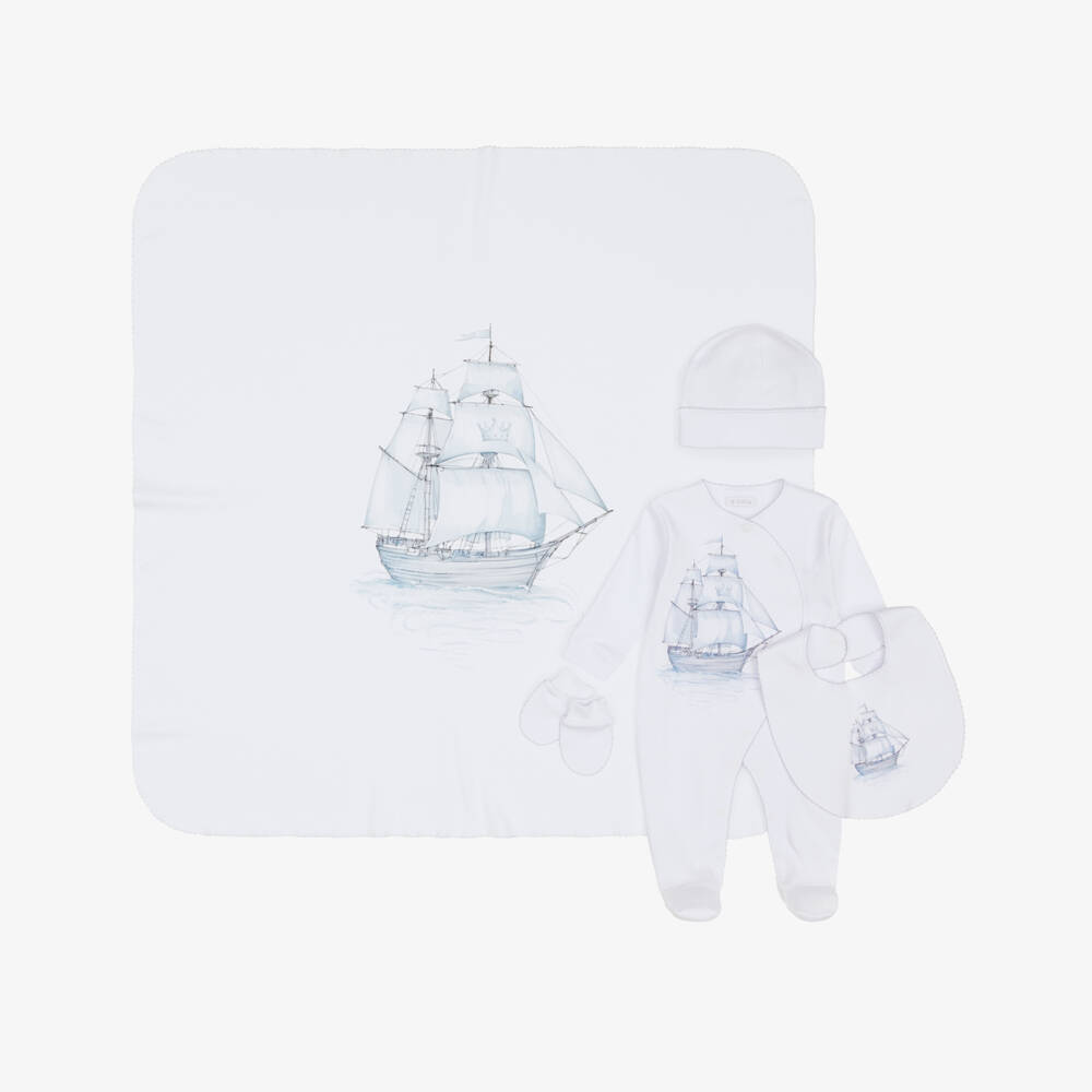 Sofija-Boys White Cotton Sailing Ship Print Babysuit Set  | Childrensalon