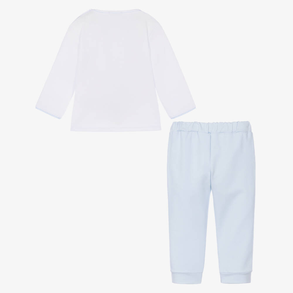 Sofija-Boys White & Pale Blue Ship Print Cotton Trouser Set | Childrensalon