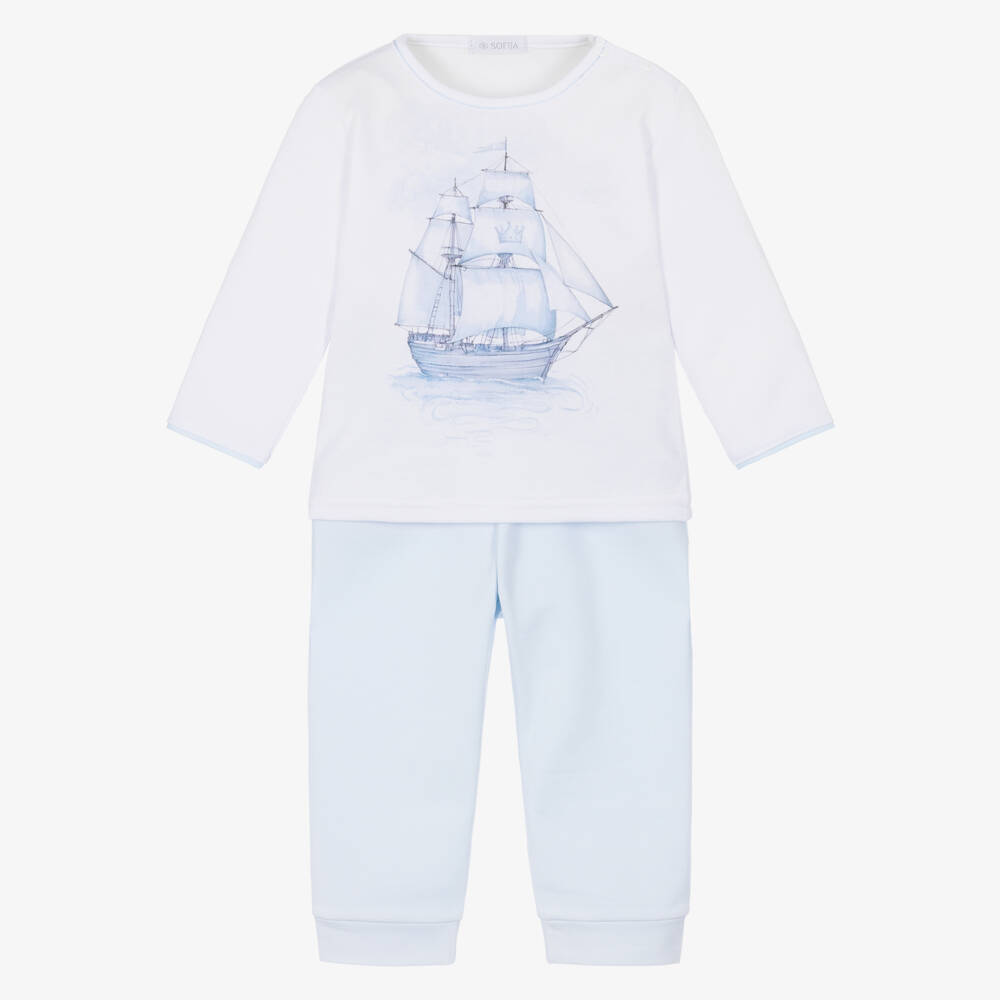 Sofija-Boys White & Pale Blue Ship Print Cotton Trouser Set | Childrensalon