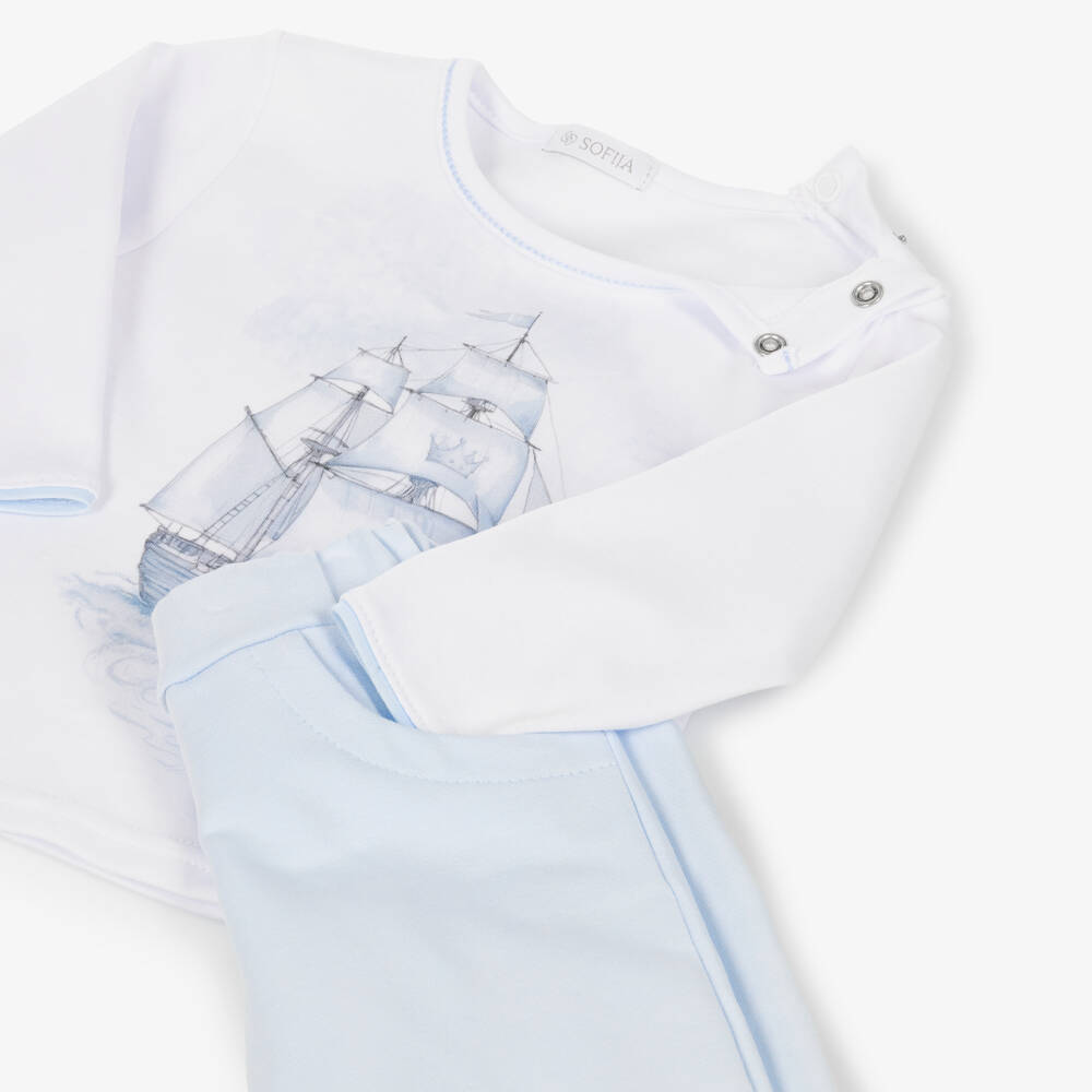 Sofija-Boys White & Pale Blue Ship Print Cotton Trouser Set | Childrensalon
