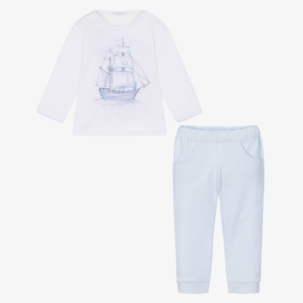 Sofija-Boys White & Pale Blue Ship Print Cotton Trouser Set | Childrensalon