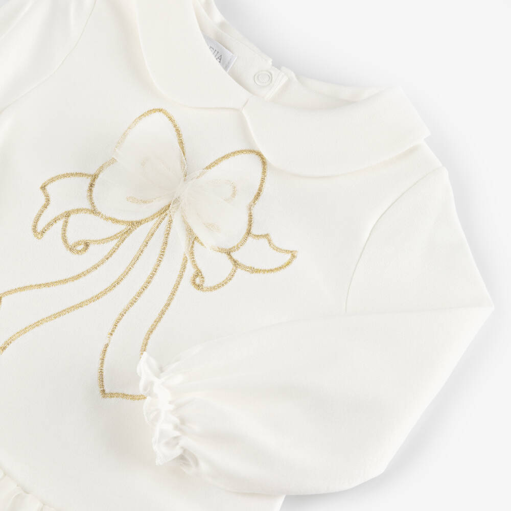 Sofija-Girls Ivory Cotton Jersey Leggings Set with Bow Motif | Childrensalon