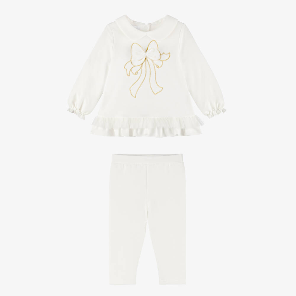 Sofija-Girls Ivory Cotton Jersey Leggings Set with Bow Motif | Childrensalon