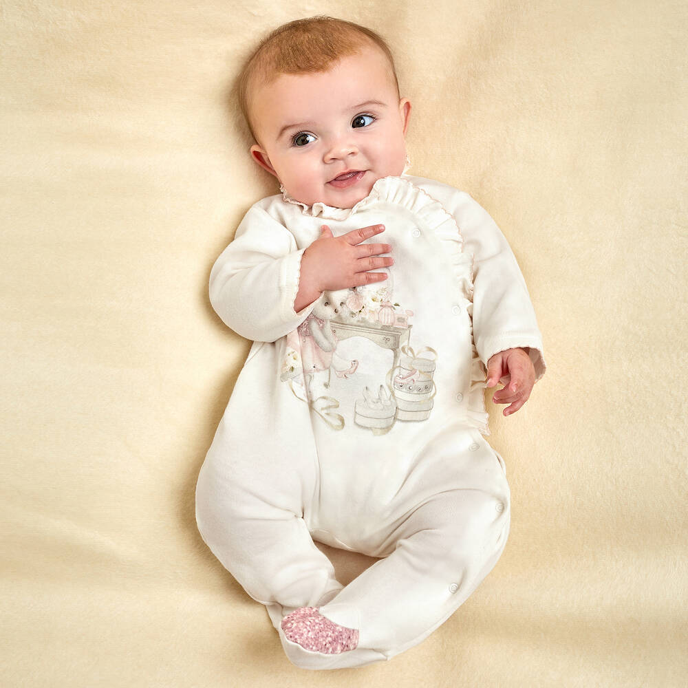 Sofija-Кремовый комбинезон из хлопка с Мишкой для малышек | Childrensalon