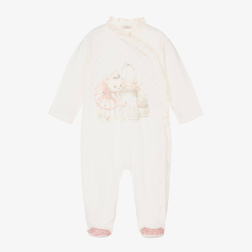 Sofija-Кремовый комбинезон из хлопка с Мишкой для малышек | Childrensalon