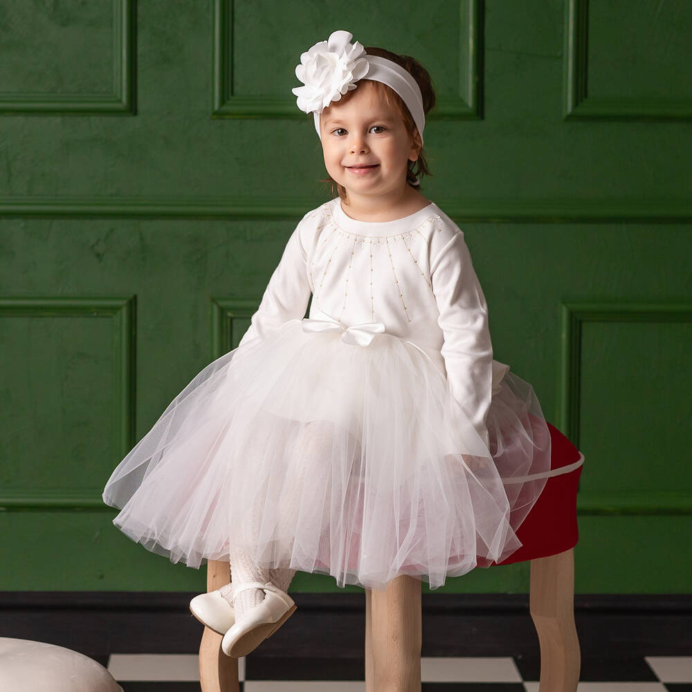 Sofija-Кремовое платье из хлопка и тюля | Childrensalon