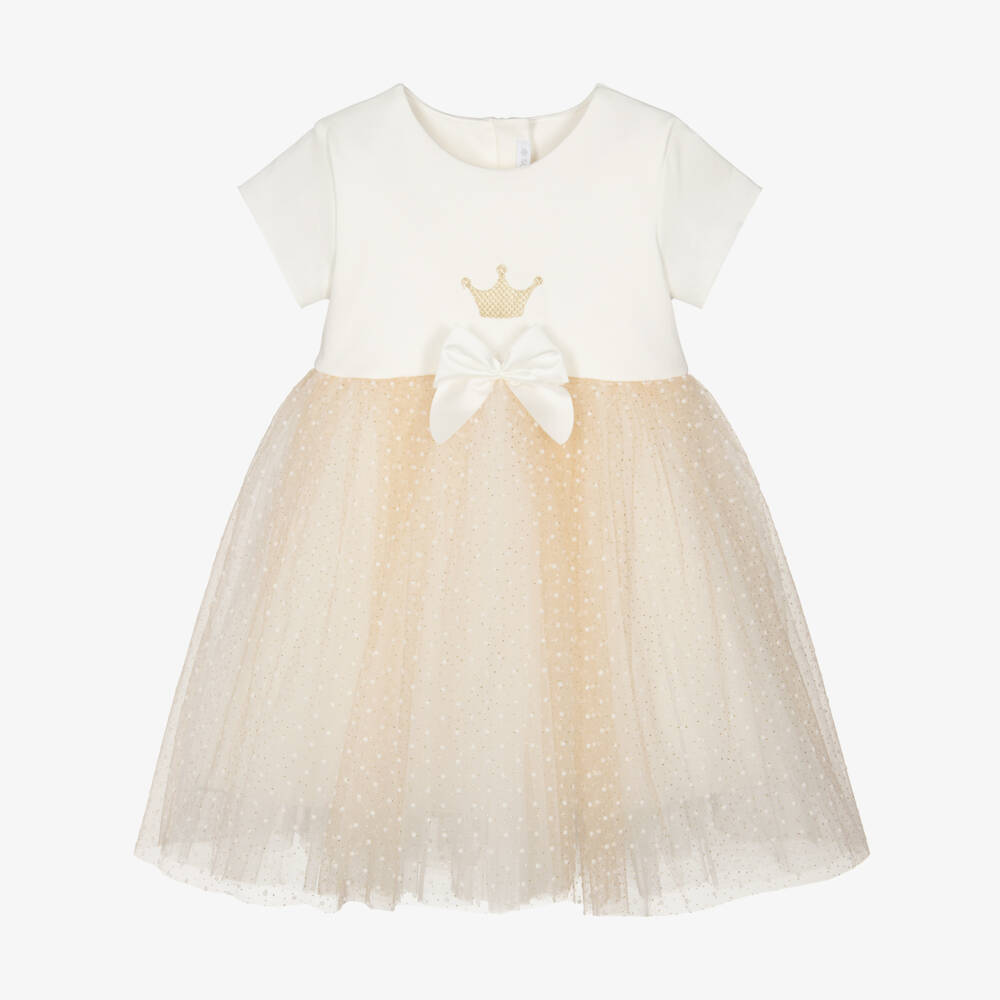 Sofija-Girls Ivory & Glittery Gold Tulle Dress | Childrensalon