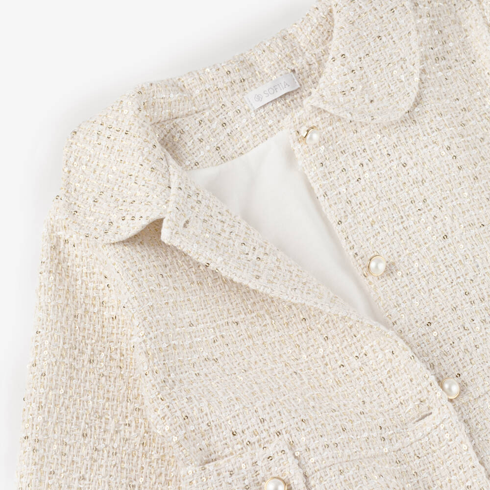 Sofija-Girls Ivory & Gold Sequin Tweed Coat | Childrensalon