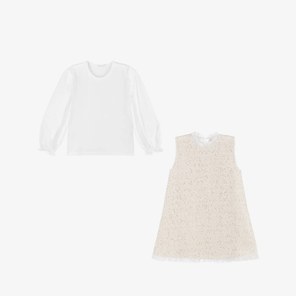 Sofija-Платье твидовое с топом кремово-золотистое с пайетками | Childrensalon