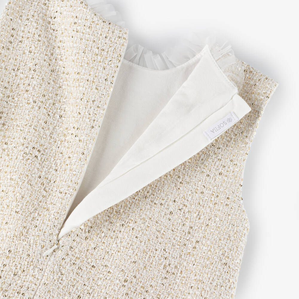 Sofija-Платье твидовое с топом кремово-золотистое с пайетками | Childrensalon