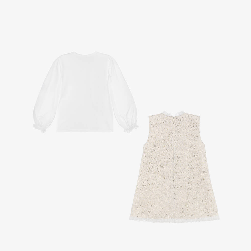 Sofija-Платье твидовое с топом кремово-золотистое с пайетками | Childrensalon