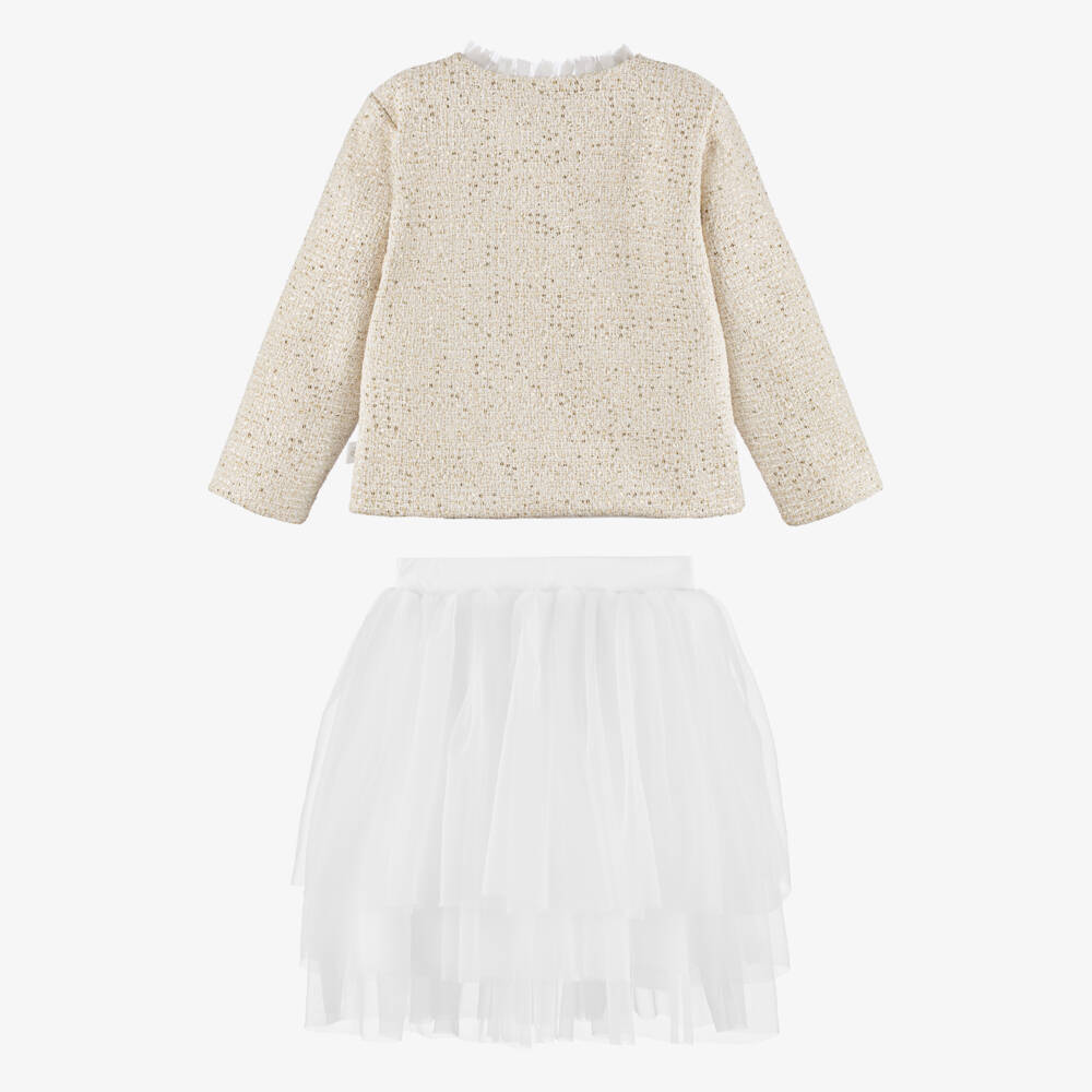 Sofija-Girls Ivory Tweed Jacket & White Tulle Skirt Set | Childrensalon
