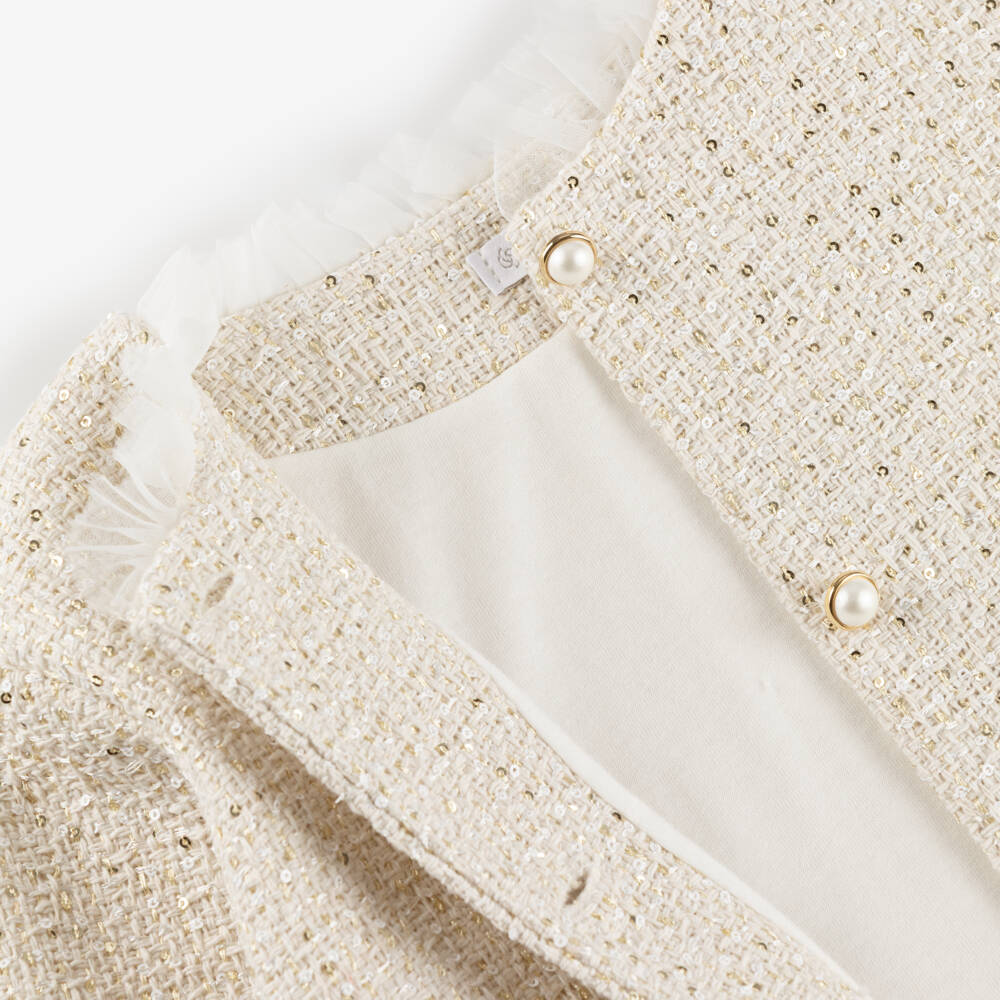 Sofija-Girls Ivory Tweed Jacket & White Tulle Skirt Set | Childrensalon