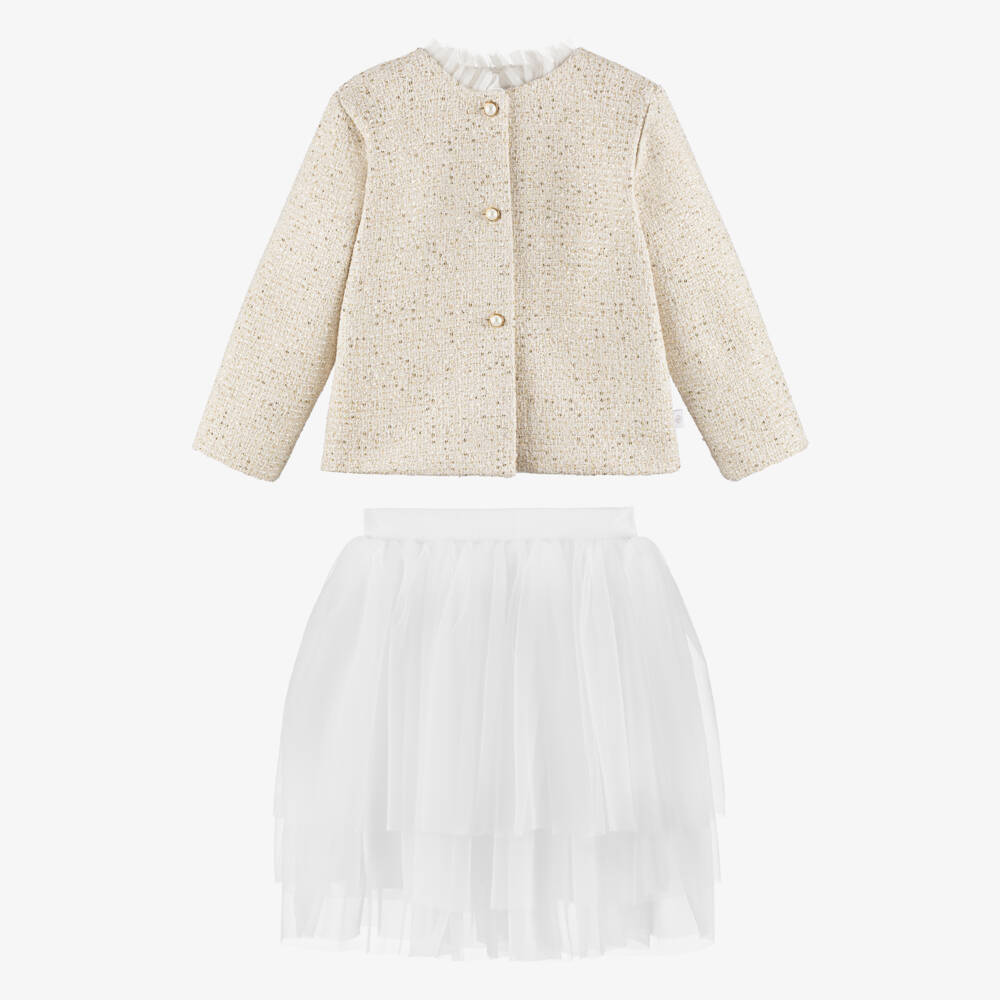 Sofija-Girls Ivory Tweed Jacket & White Tulle Skirt Set | Childrensalon