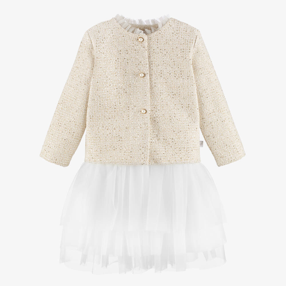 Sofija-Girls Ivory Tweed Jacket & White Tulle Skirt Set | Childrensalon