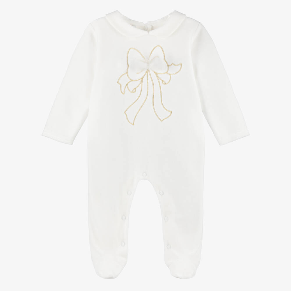 Sofija-Girls Ivory Velour Babygrow with Bow Motif | Childrensalon