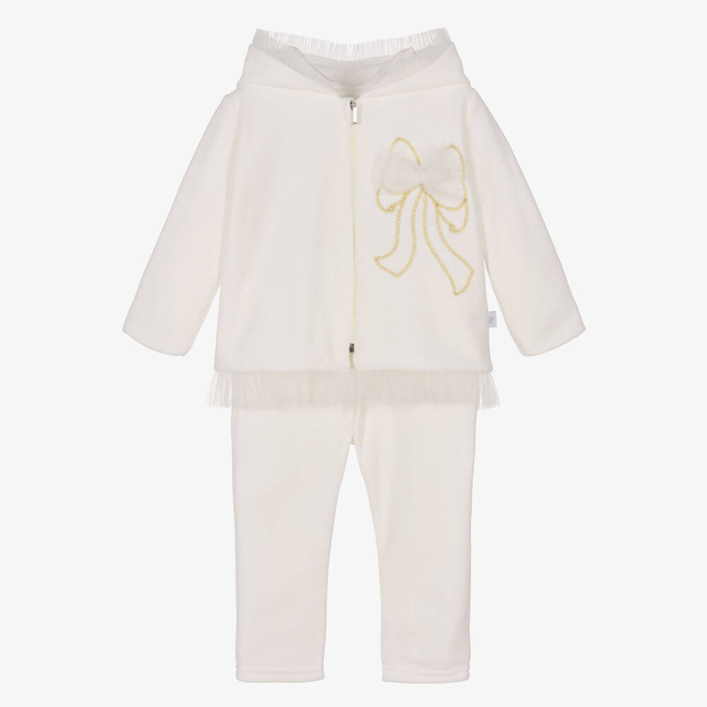 Sofija-Girls Ivory Velour Tracksuit with Embroidered & Tulle Bow | Childrensalon
